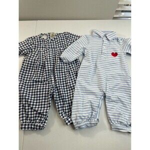 Baby Outfit Bundle | LBS Blue Stripe Romper 6M + Navy Gingham Romper 3M